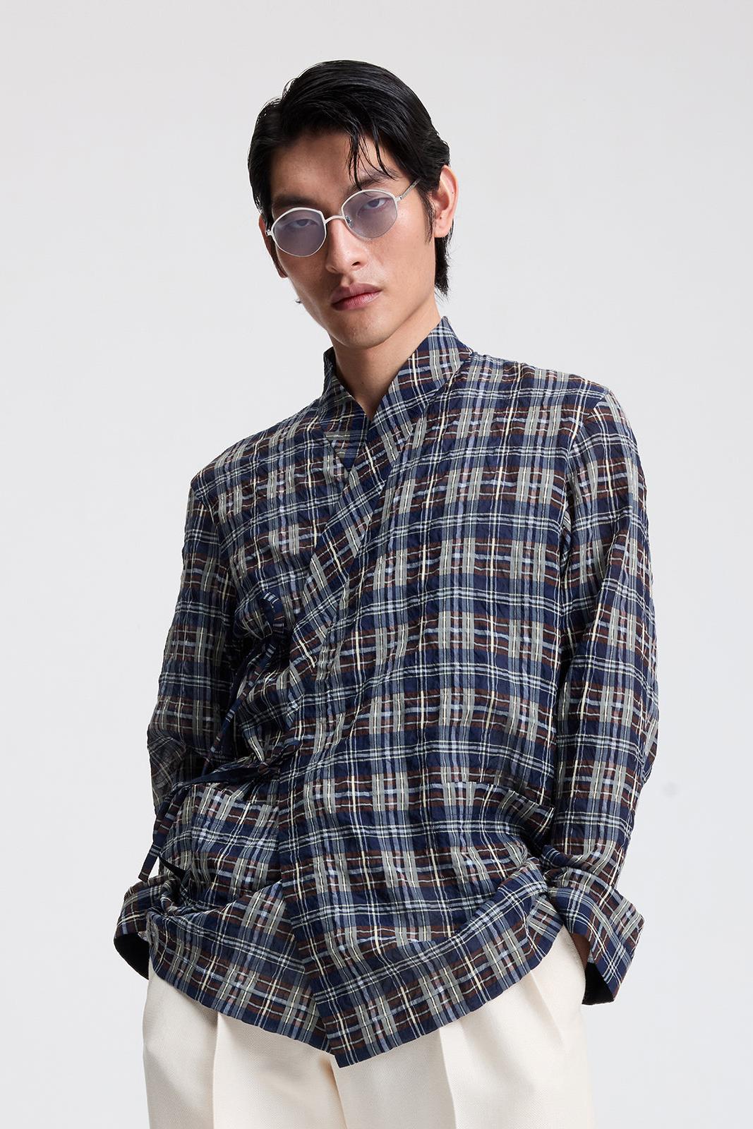 Cross-Over Shirt in Silk Cotton Check