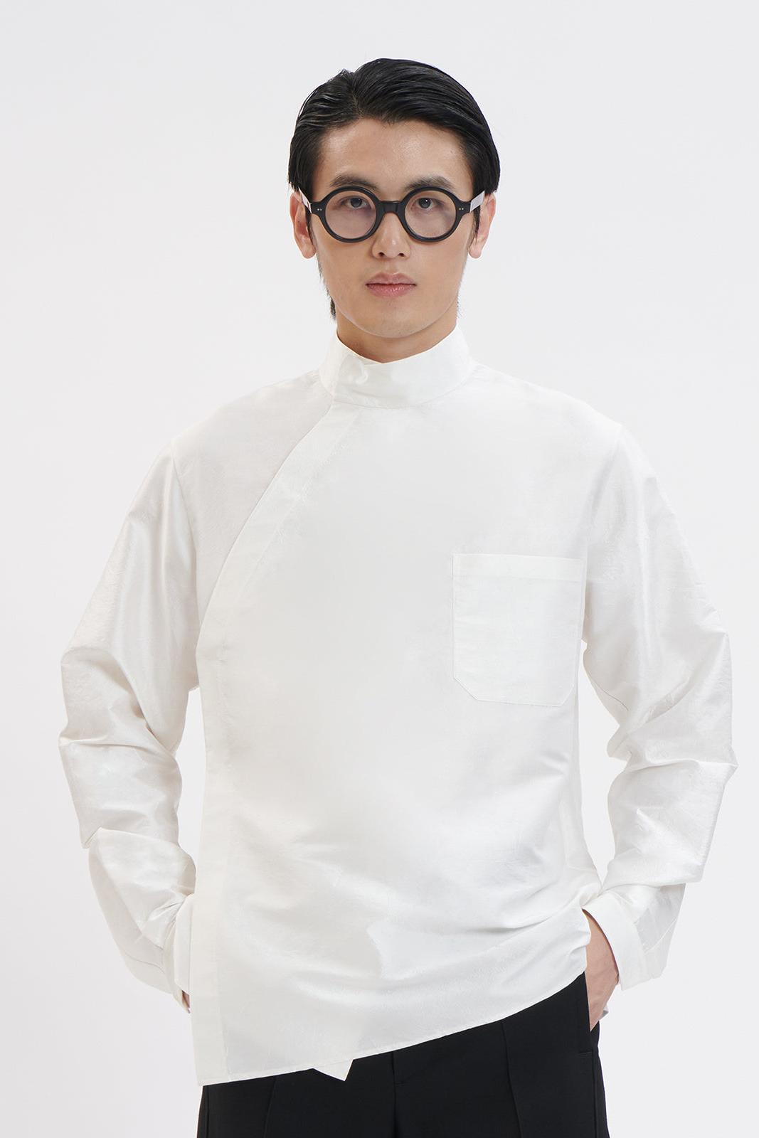 White Cotton Chinese Stand Collar Shirt