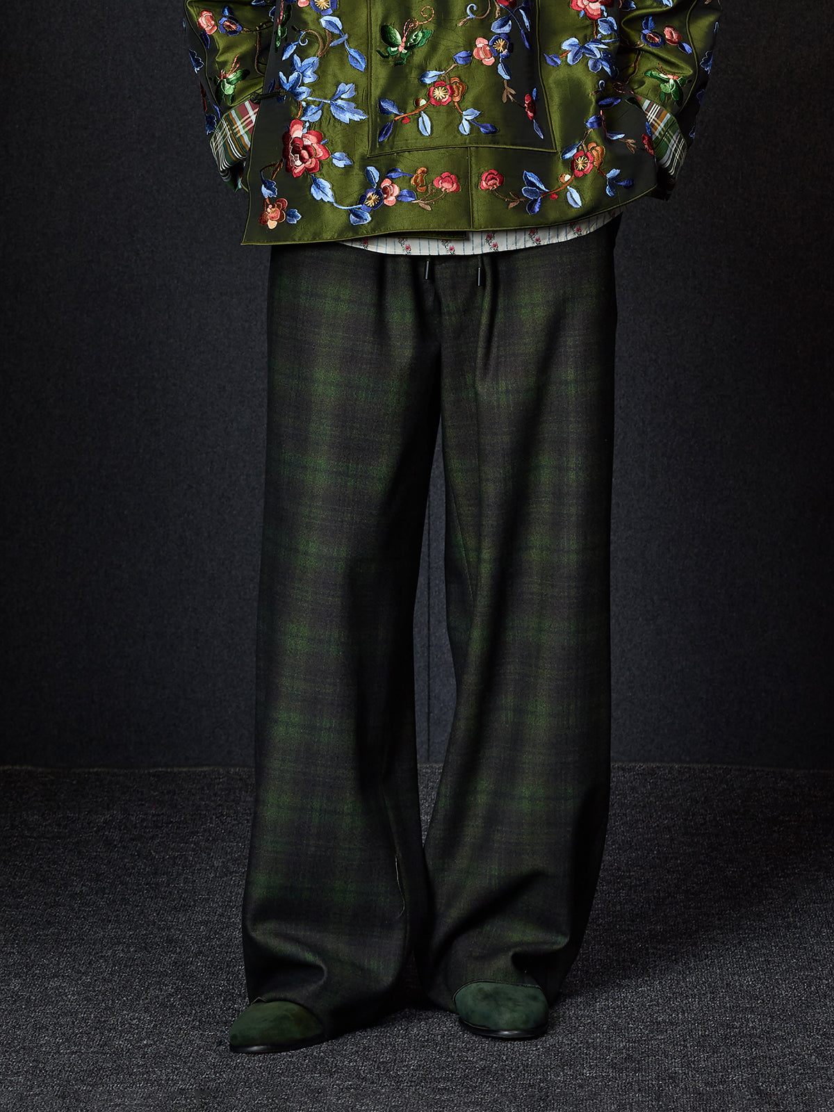 Dark Green Checked Drawstring Pants