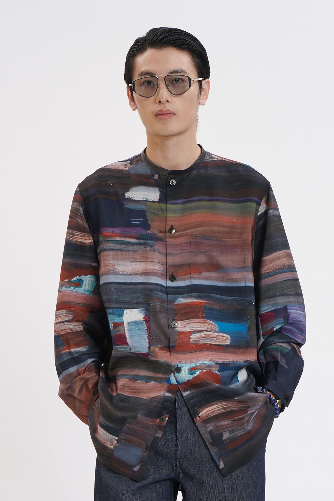 Oil Painting Print Silk Shirt with Band Collar