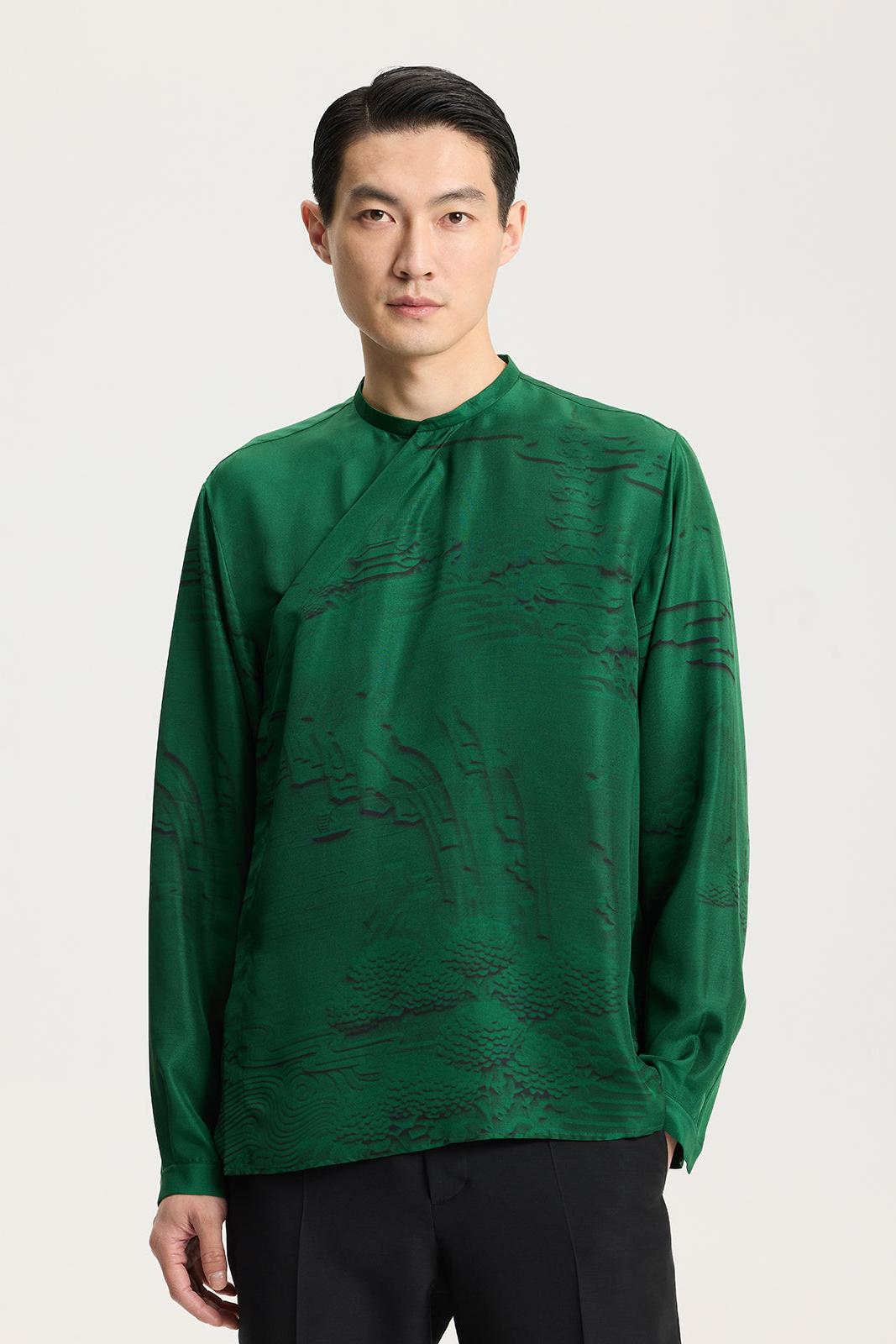 Jade green Chinese silk shirt with embossed print