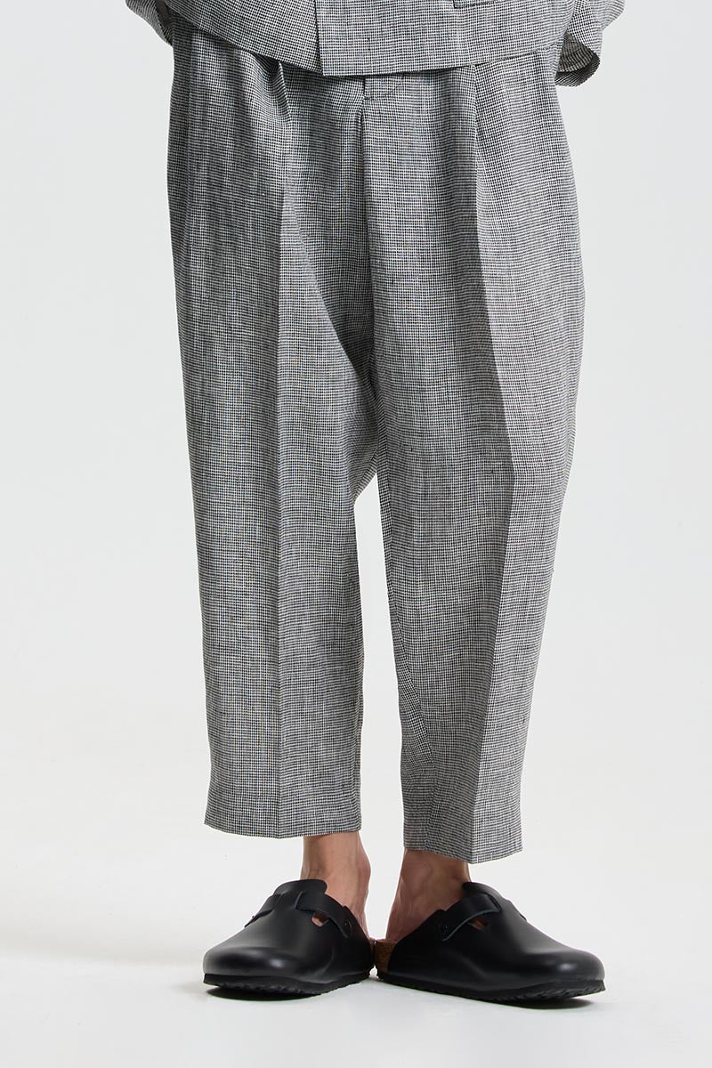 Linen Houndstooth Ankle-Length Tapered Pants