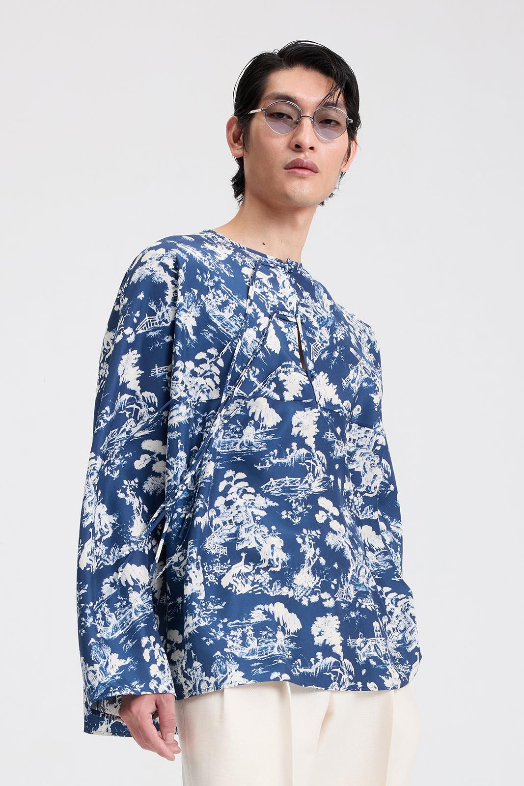 Ancient People Print Chinese Silk Shirt in SIlk
