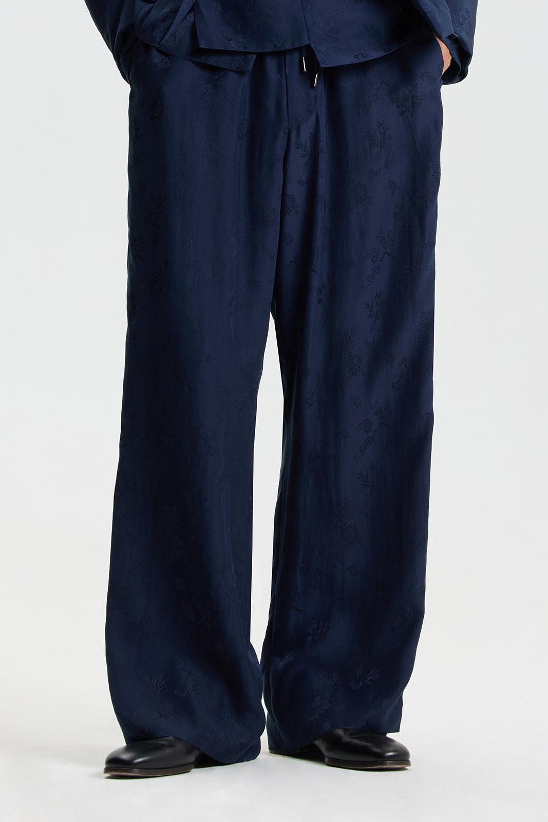Navy Silk Jacquard Pants