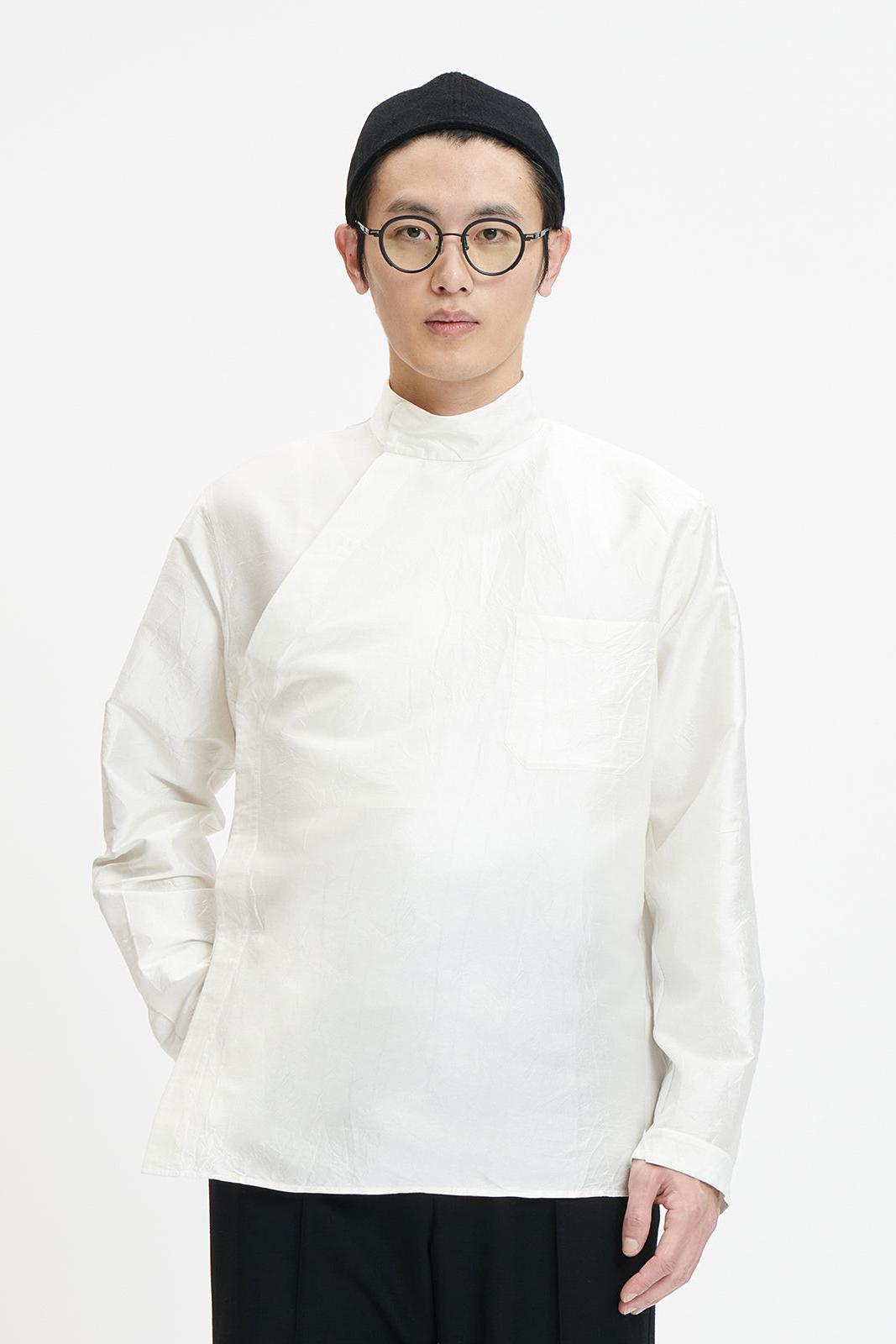 Washed Wrinkled Chinese Stand Collar Shirt