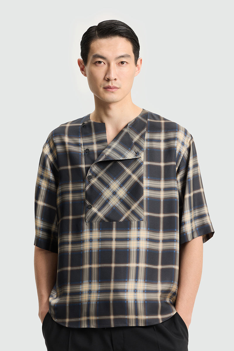 Silk check medium sleeve shirt