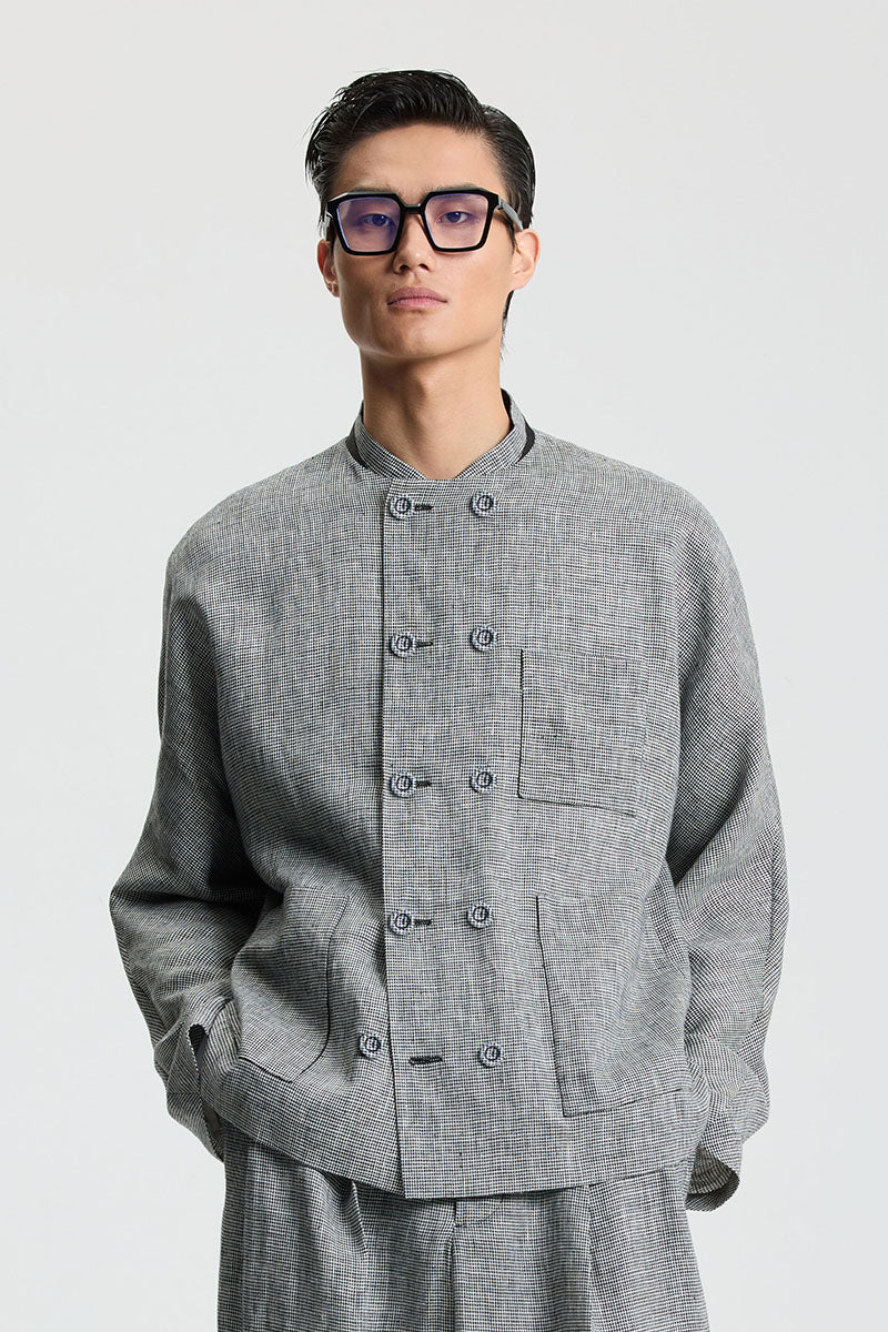 Linen Houndstooth Double-Breasted Blazer