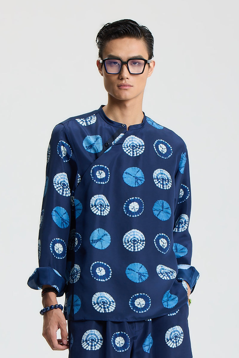 Navy silk printed shirt