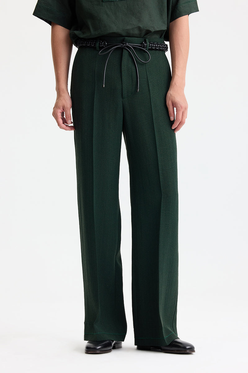 Dark green silky loose-fit pants