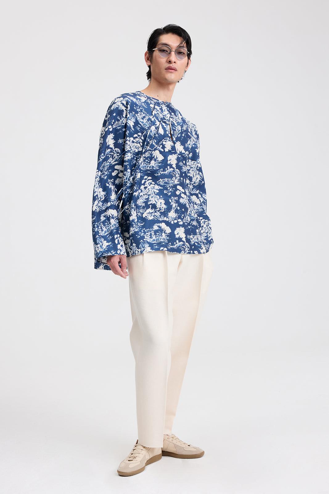 Ancient People Print Chinese Silk Shirt in SIlk