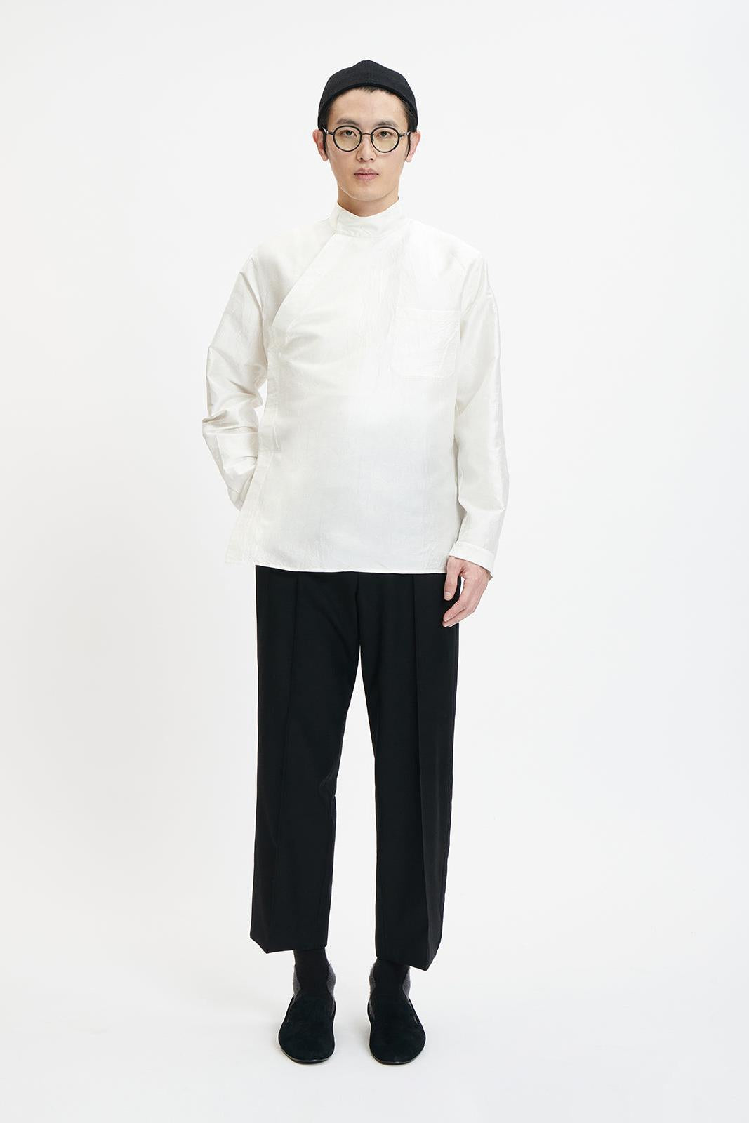 Washed Wrinkled Chinese Stand Collar Shirt