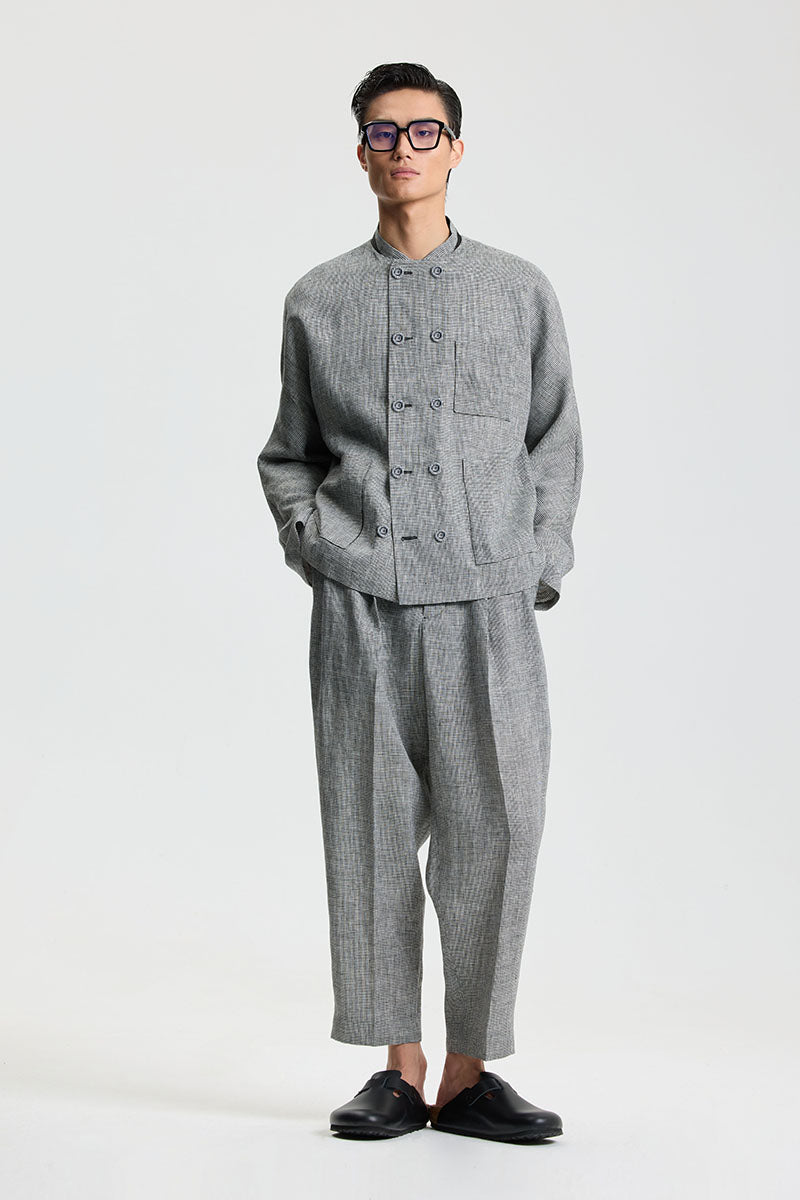 Linen Houndstooth Double-Breasted Blazer