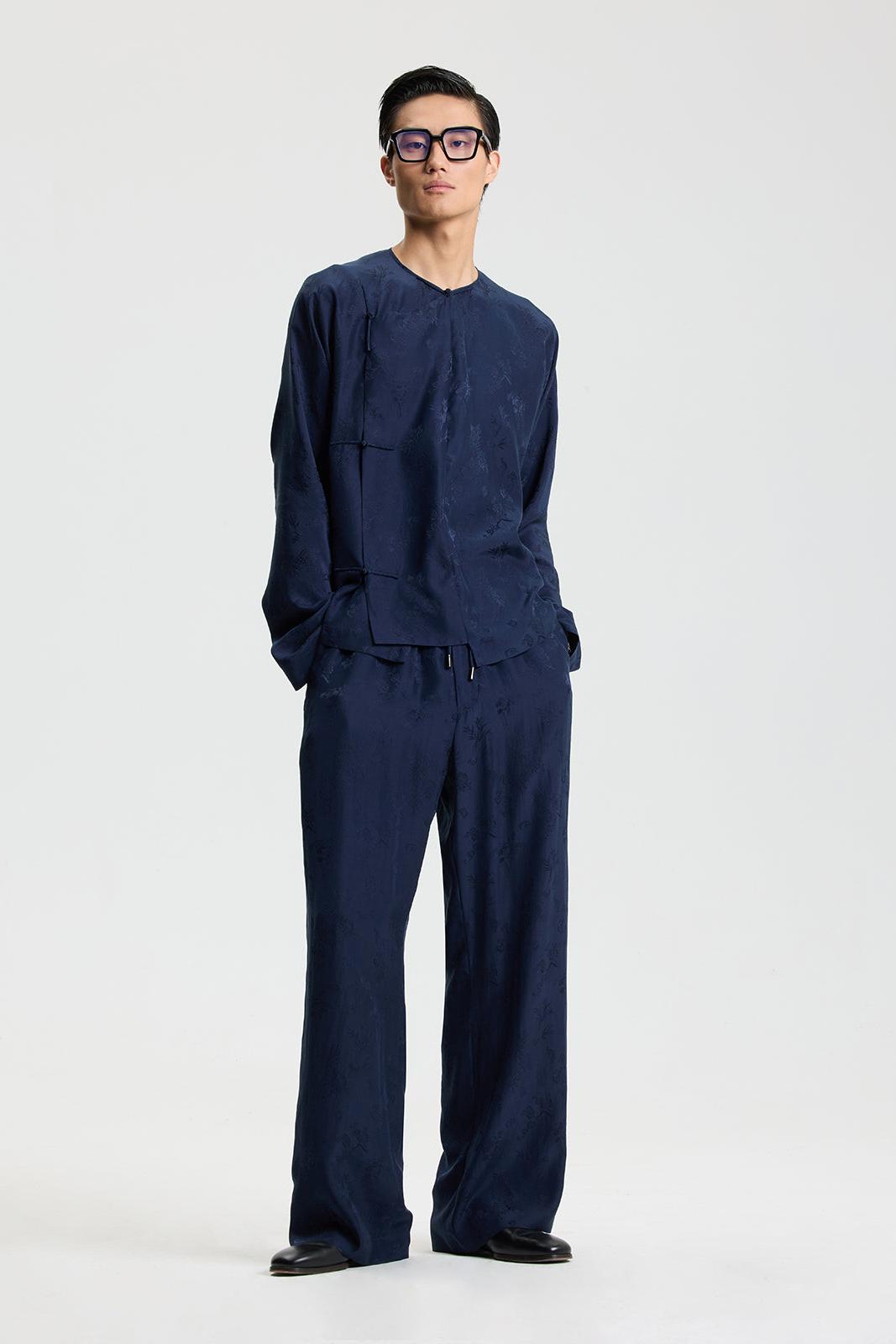 Navy Silk Jacquard Pants