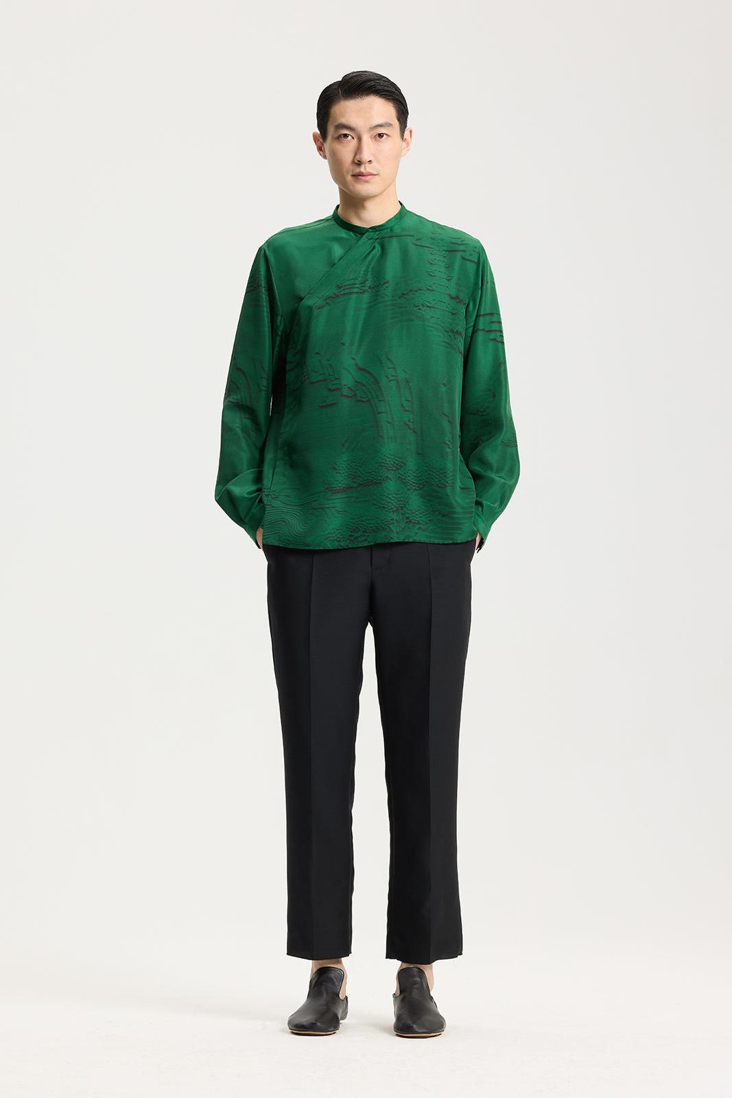 Jade green Chinese silk shirt with embossed print