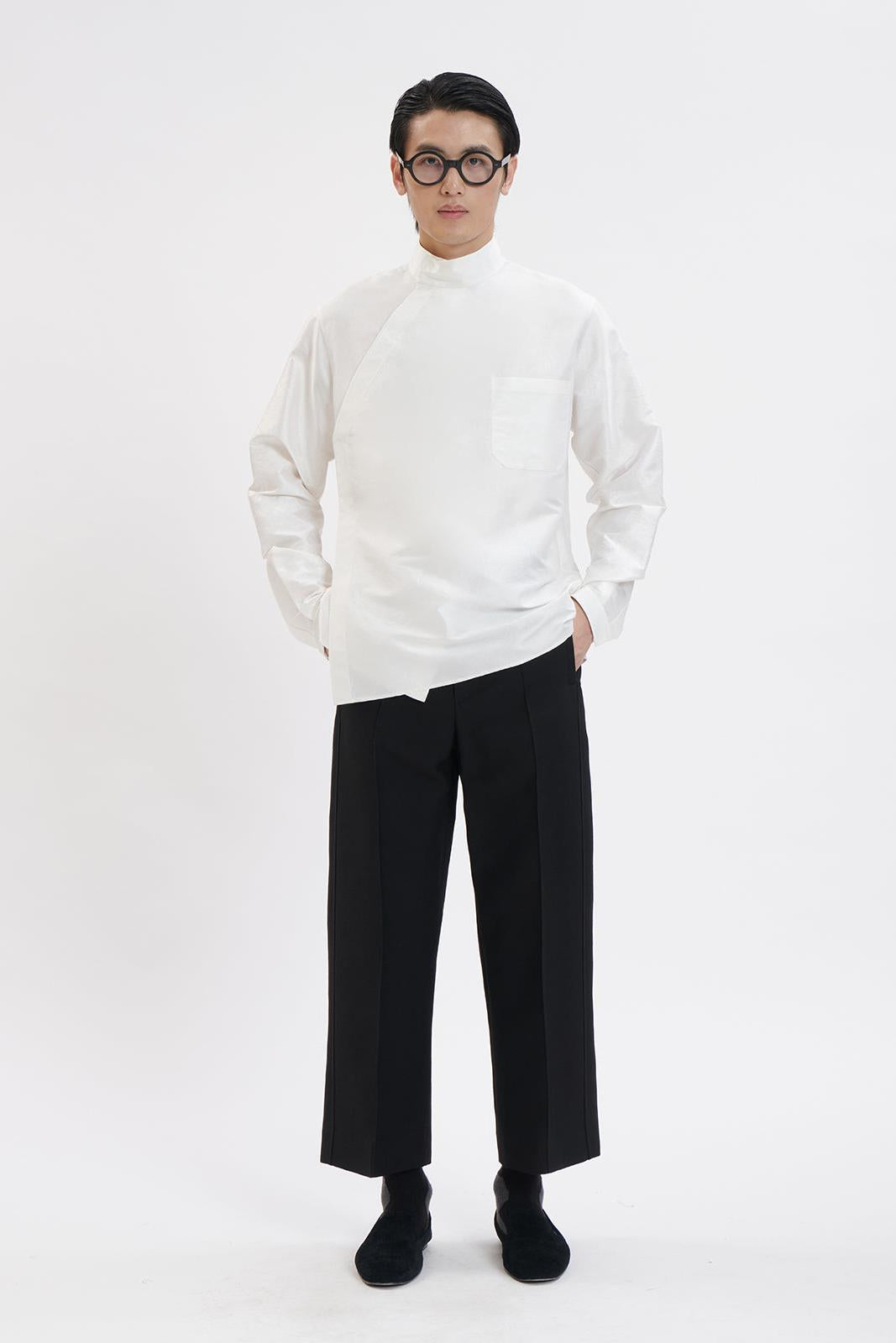 White Cotton Chinese Stand Collar Shirt