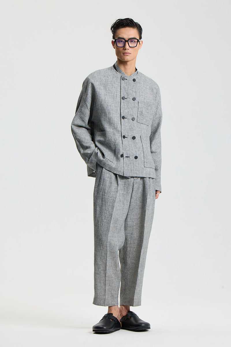 Linen Houndstooth Ankle-Length Tapered Pants