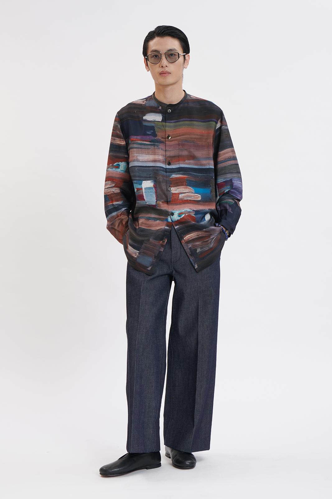 Oil Painting Print Silk Shirt with Band Collar