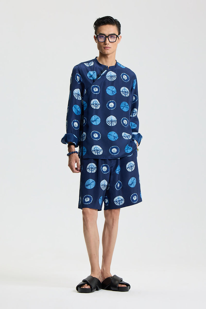 Navy silk printed shorts