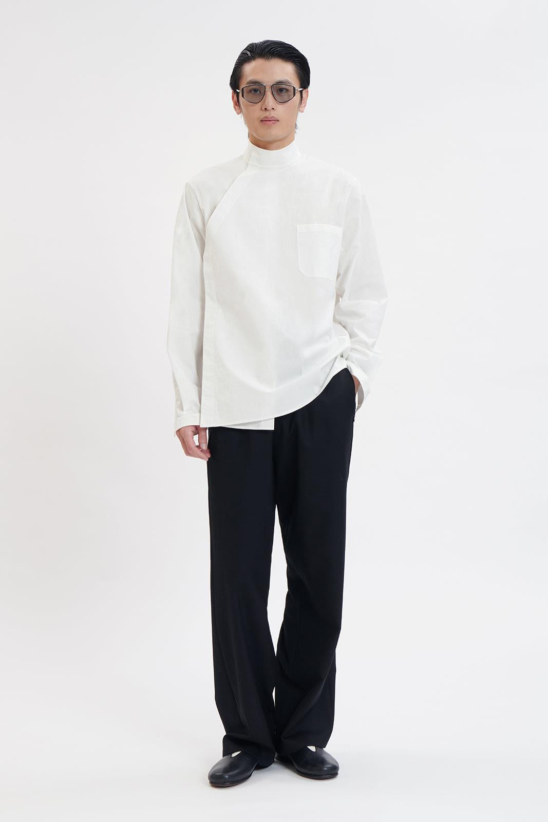 White Cotton Chinese Stand Collar Shirt