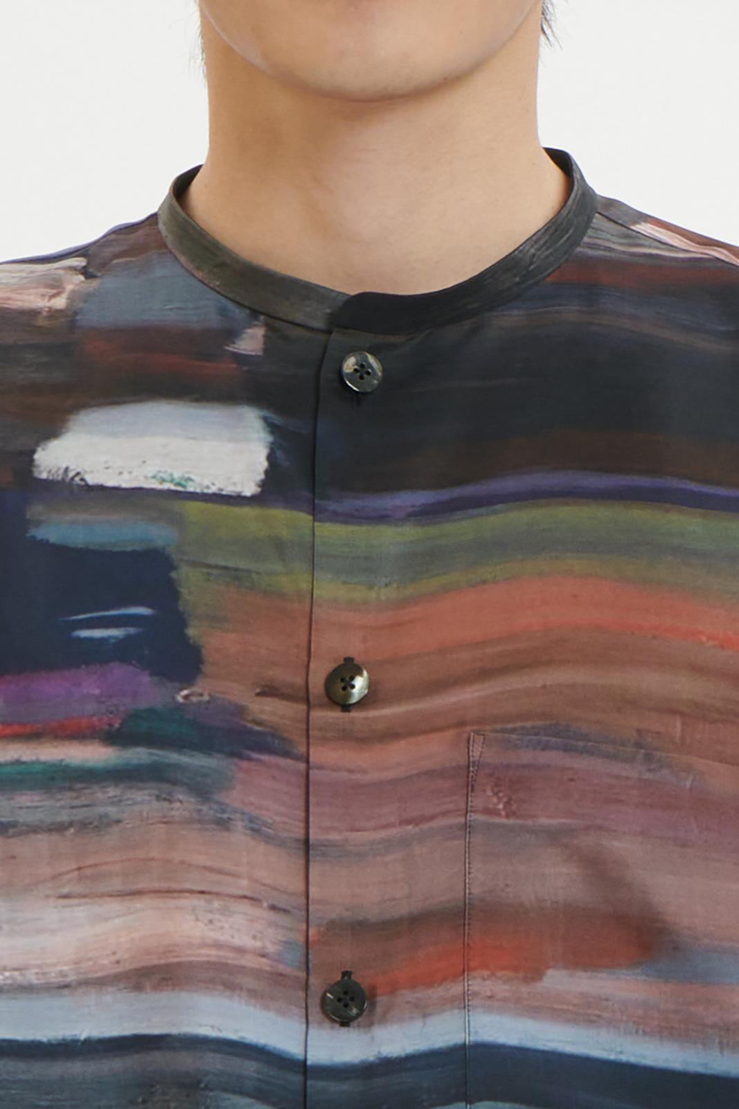 Oil Painting Print Silk Shirt with Band Collar