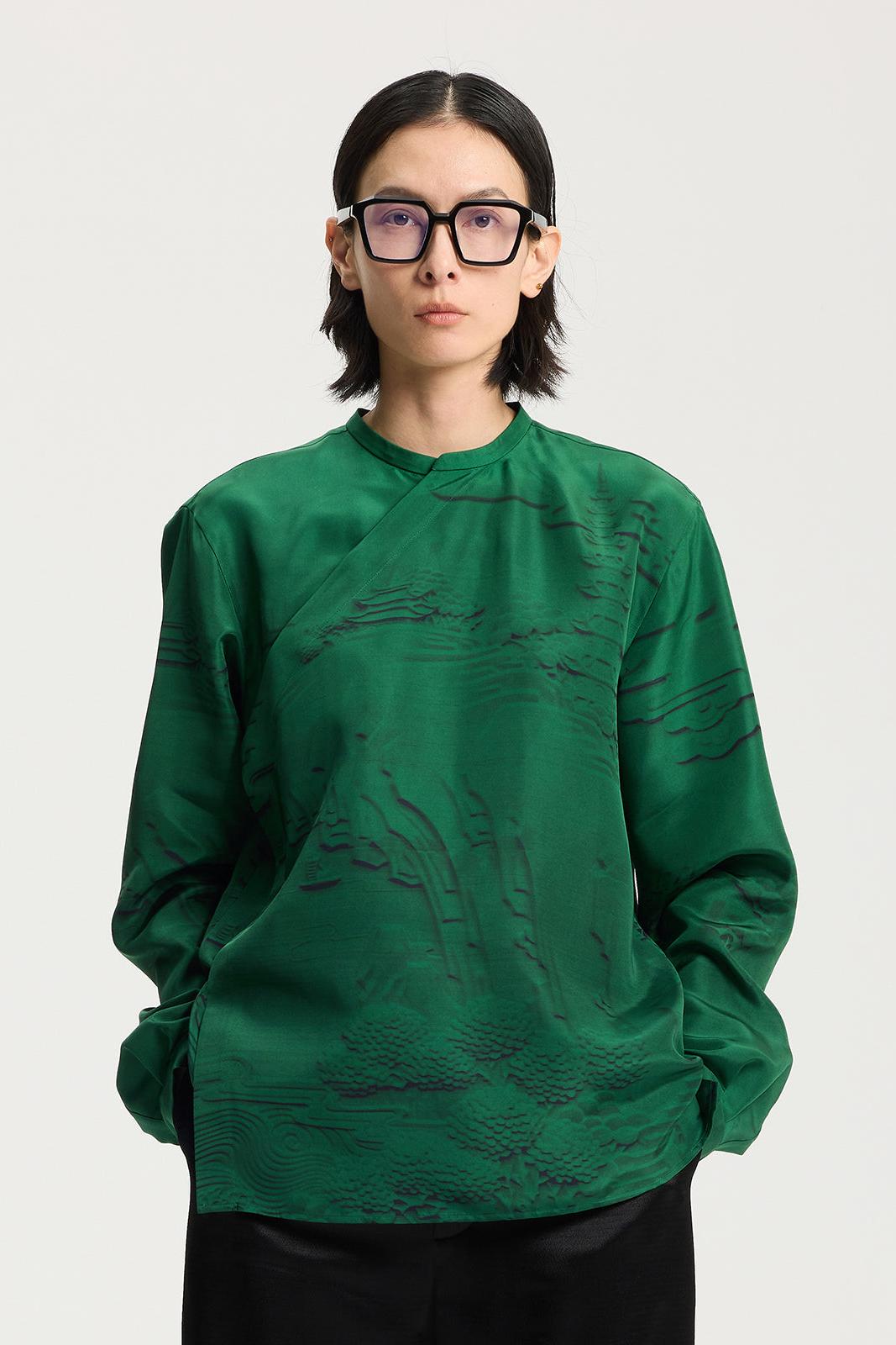 Jade green Chinese silk shirt with embossed print
