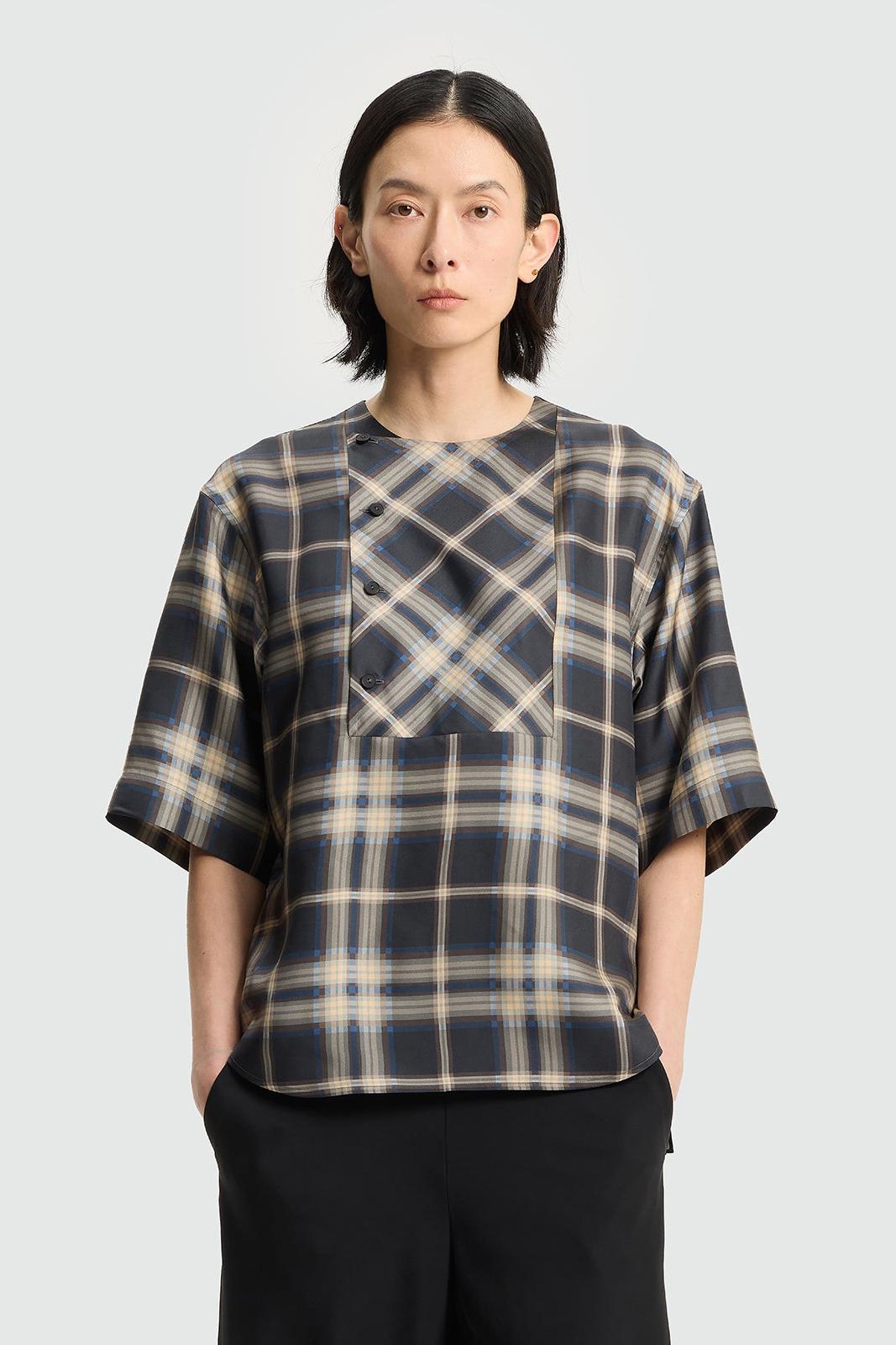 Silk check medium sleeve shirt