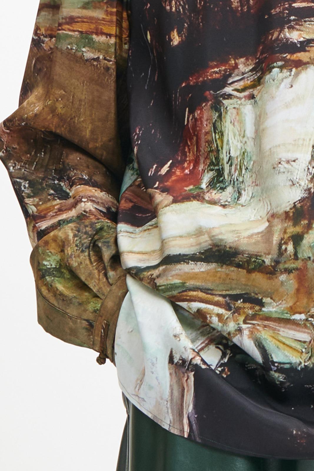 Dark Green Dragon Oil Paint Silk Printed Chinese Shirt