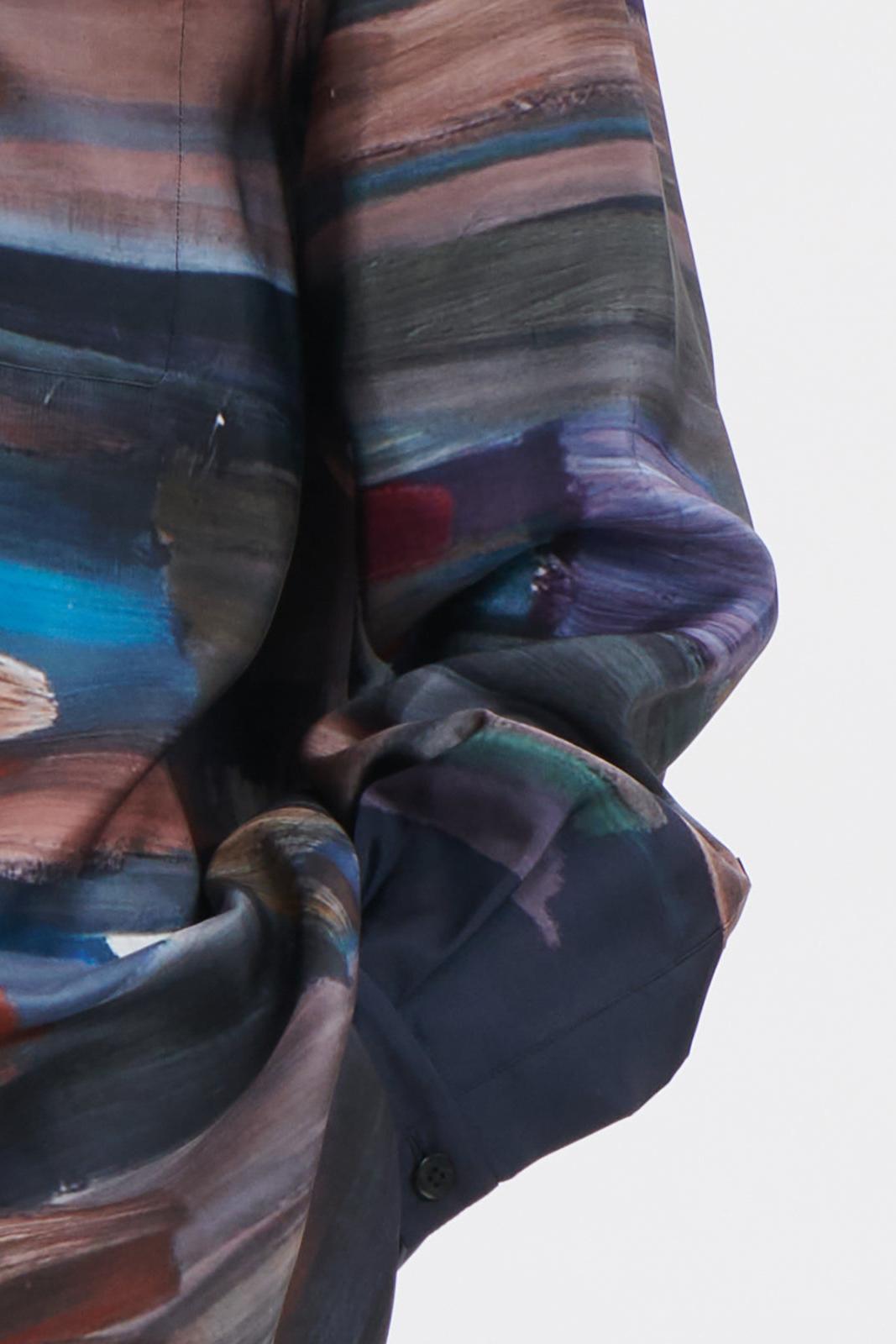 Oil Painting Print Silk Shirt with Band Collar