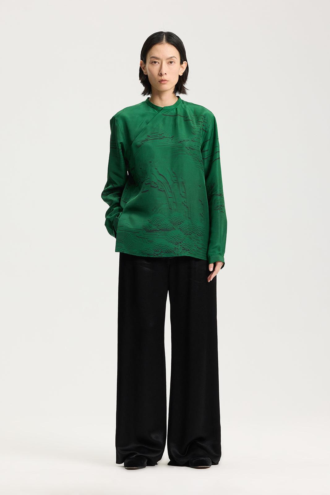 Jade green Chinese silk shirt with embossed print