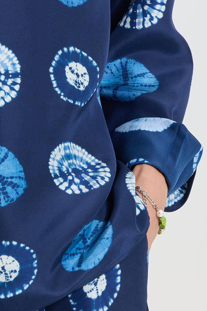 Navy silk printed shirt