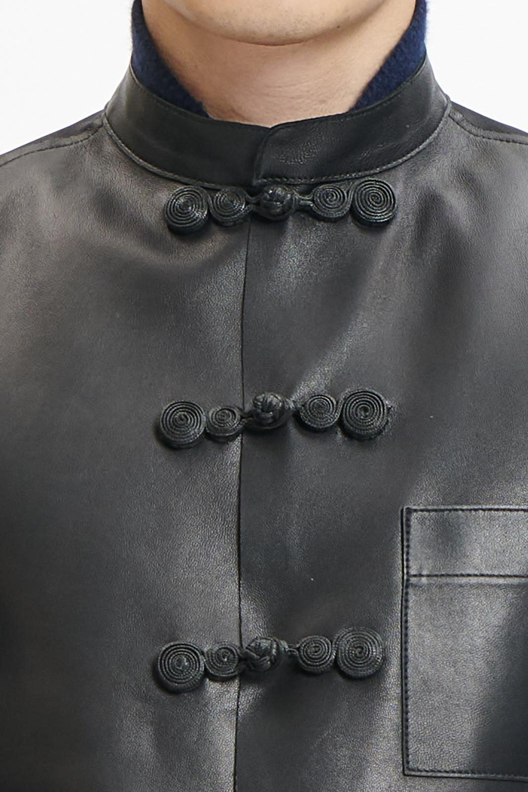 Black Leather Chinese Vest with "HULU" Shape Frogs