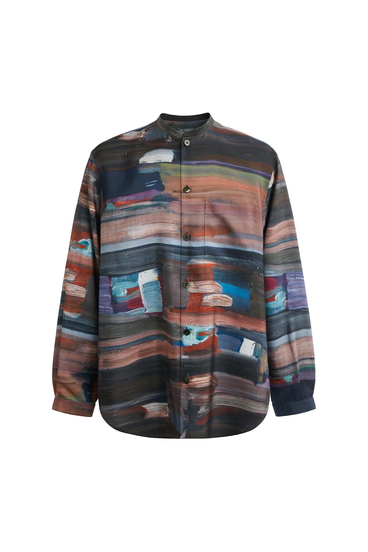Oil Painting Print Silk Shirt with Band Collar