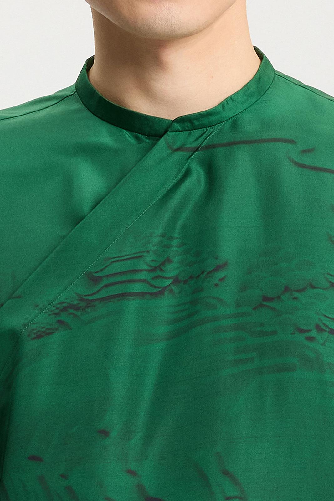 Jade green Chinese silk shirt with embossed print