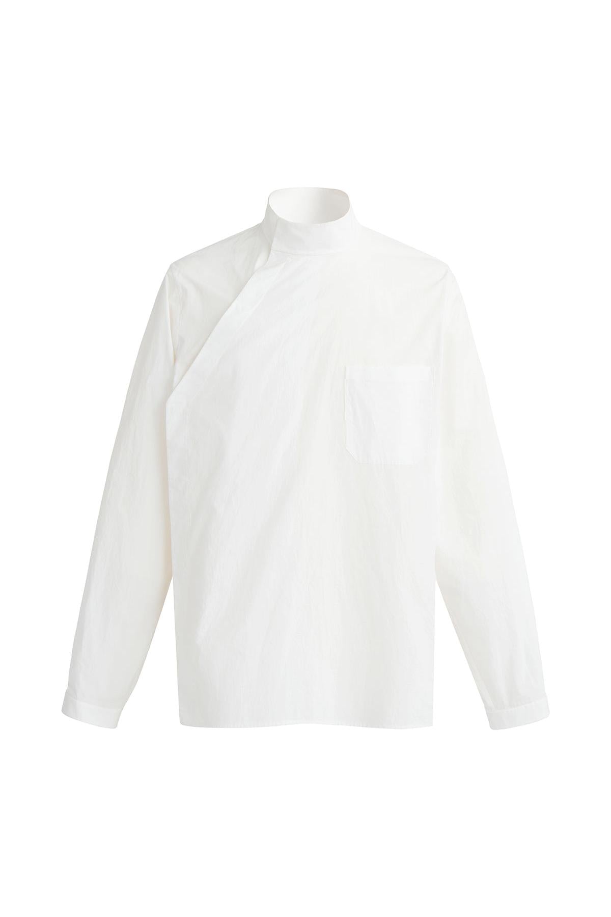 White Cotton Chinese Stand Collar Shirt