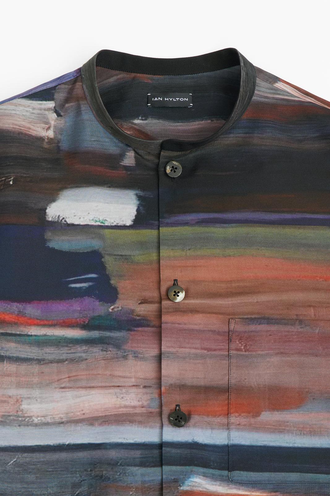 Oil Painting Print Silk Shirt with Band Collar