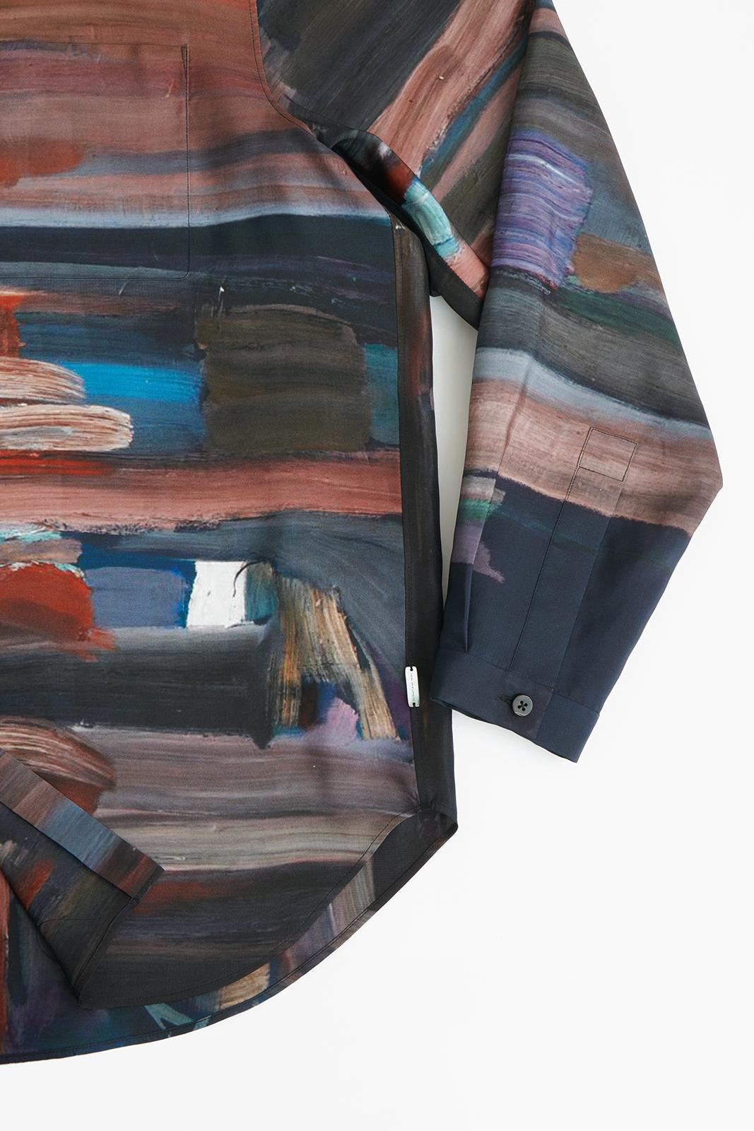 Oil Painting Print Silk Shirt with Band Collar