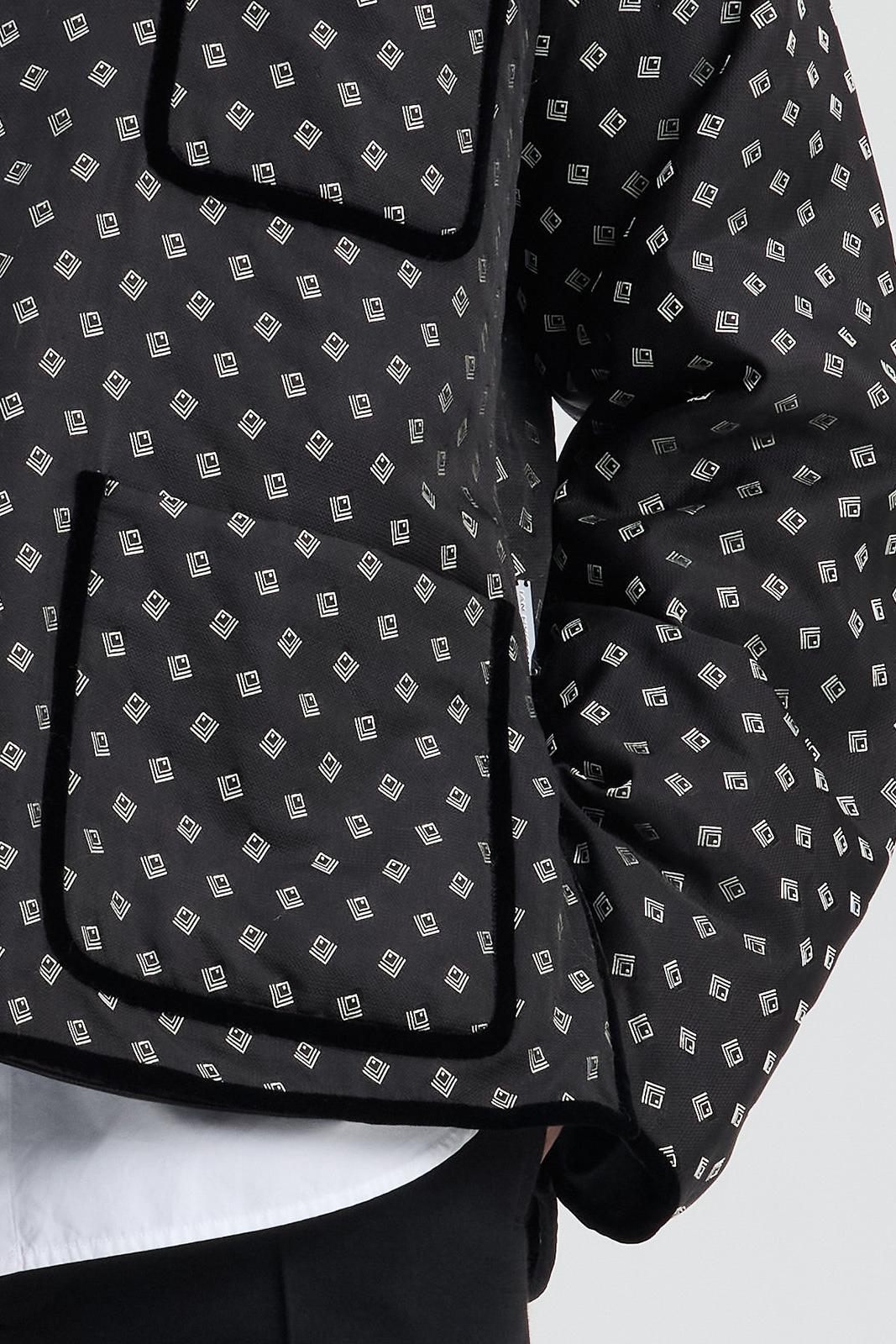 Black Jacquard Silk Padded Jacket with Velvet Pipping