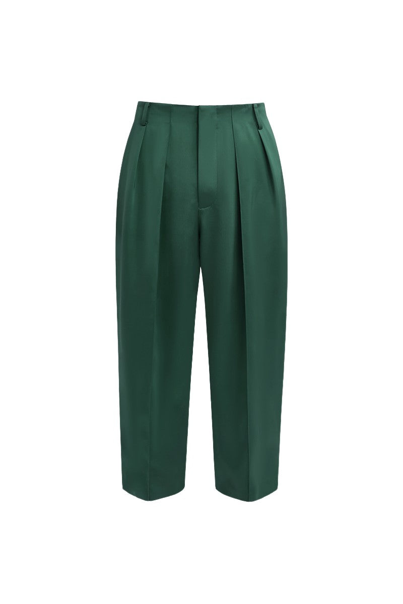 Dark Green Fluid Front Pleated Pants