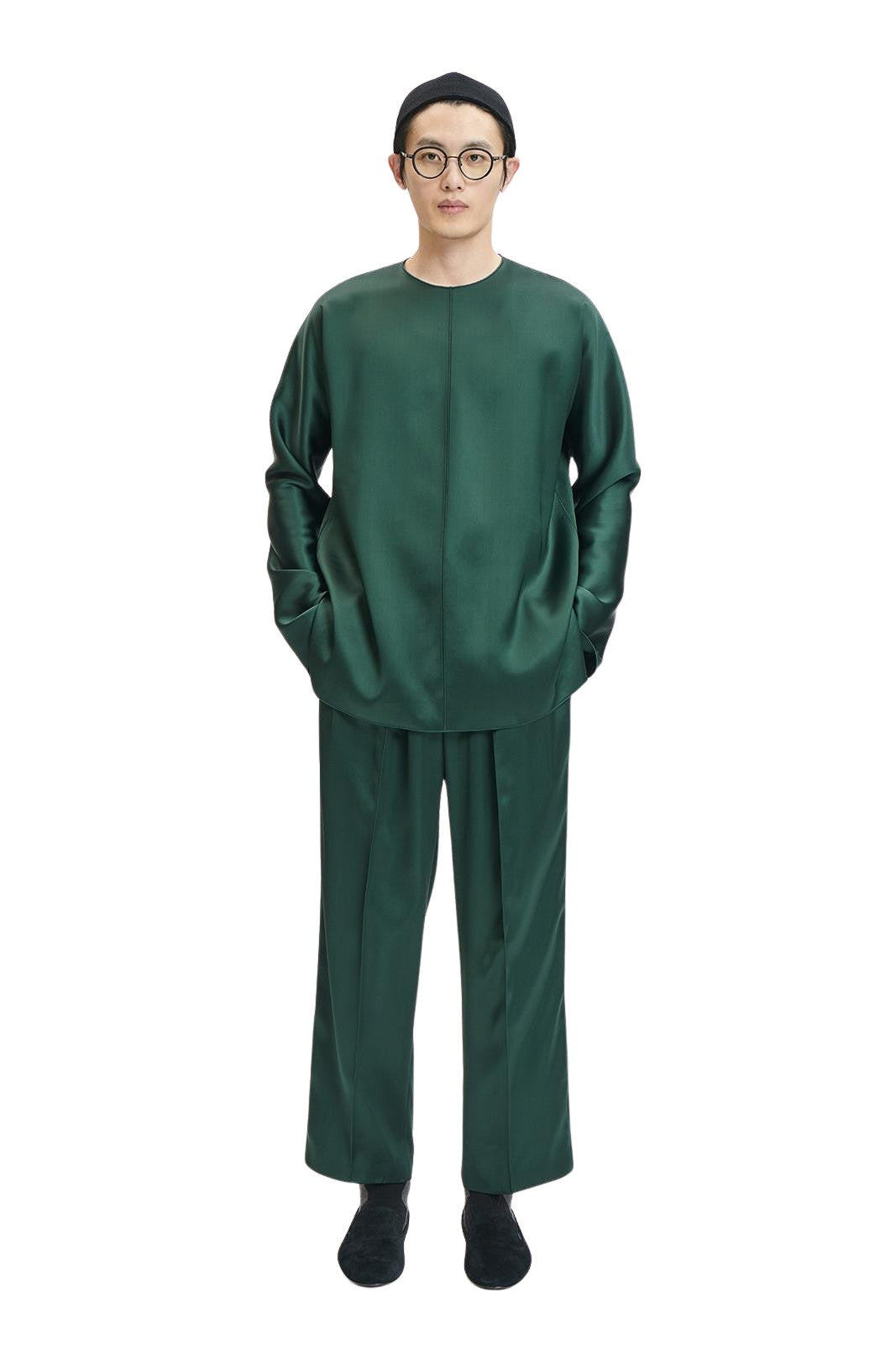 Dark Green Fluid Front Pleated Pants