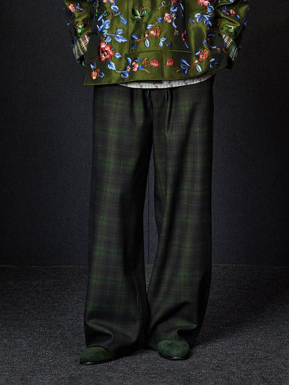 Dark Green Checked Drawstring Pants