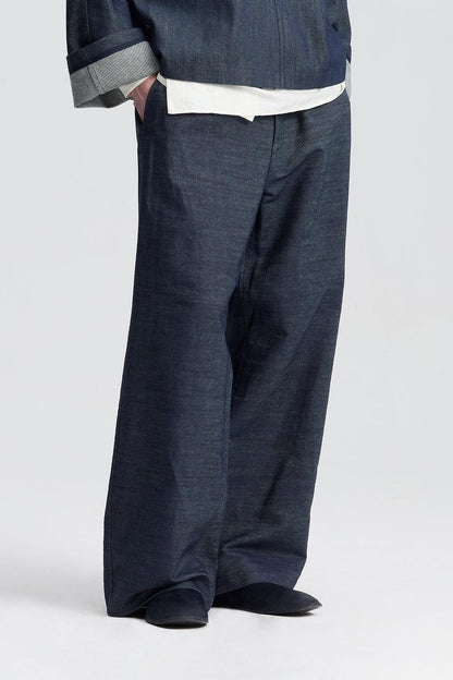 Navy denim Stiffened Drawstring Loose-Fit Trousers