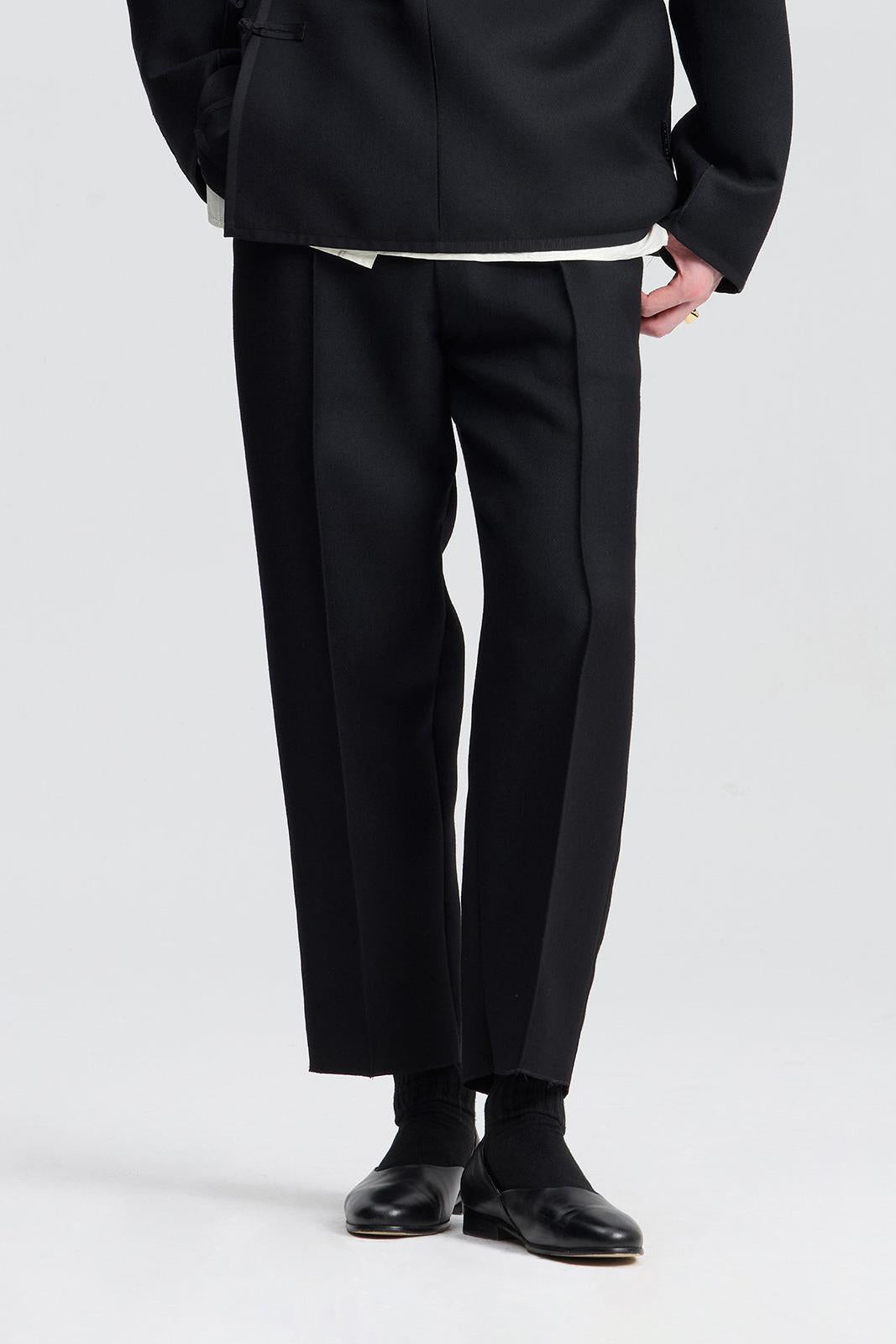 Black Double Face Wool Tapered Cropped Pants