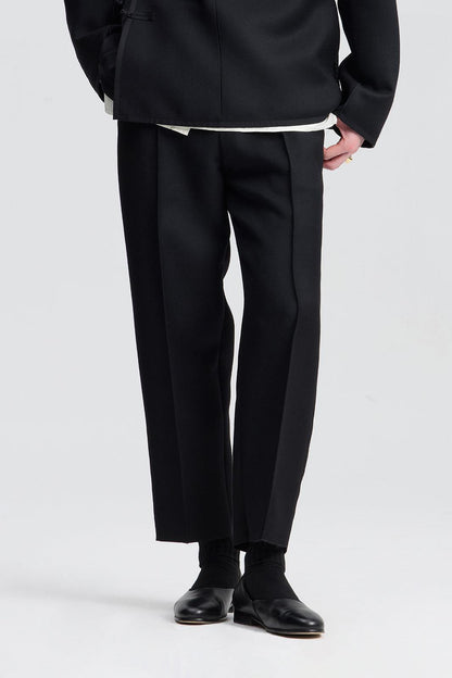 Black Double Face Wool Tapered Cropped Pants