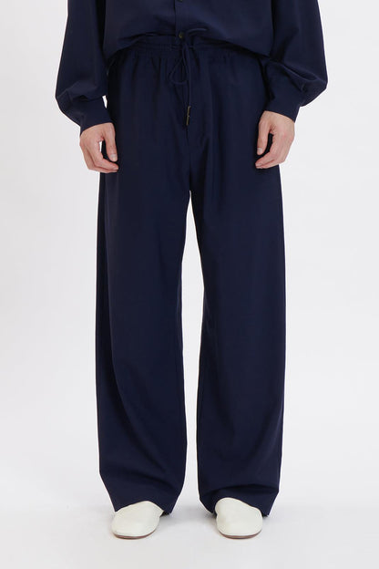Navy Thin Wool Elastic Waist Wide Leg Pants