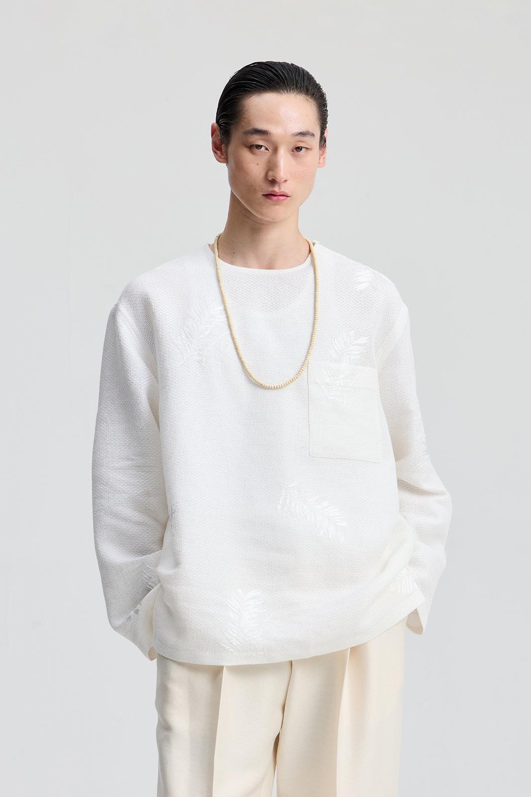 White Leaf Embroidered Round Neck Top