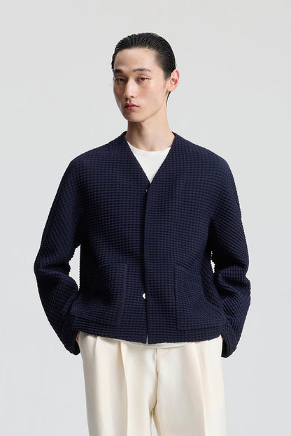 Dark Navy Wool-Blend Cardigan Jacket