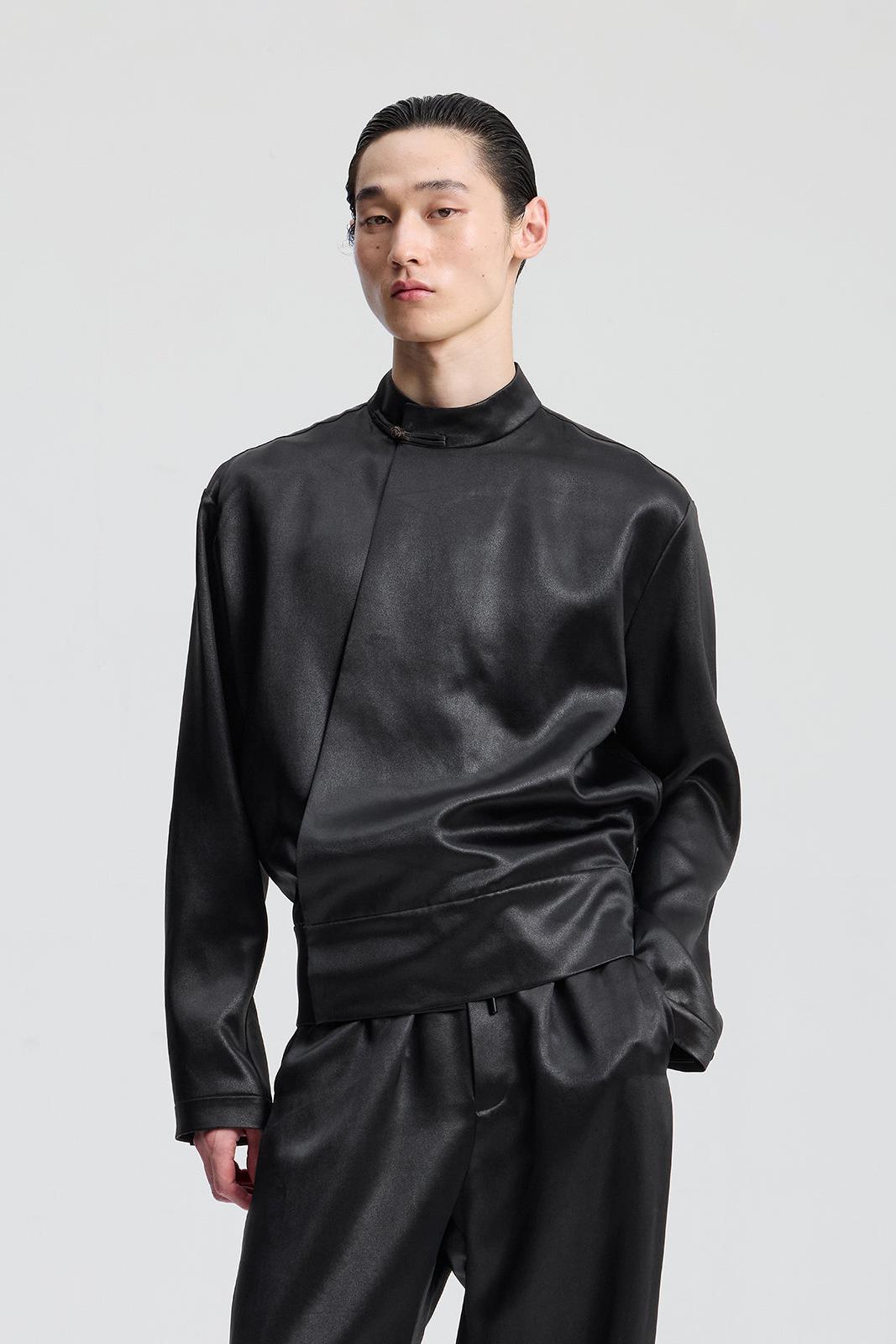 Dark Brown Suangyun Sha Chinese Top with Asymmetric Placket