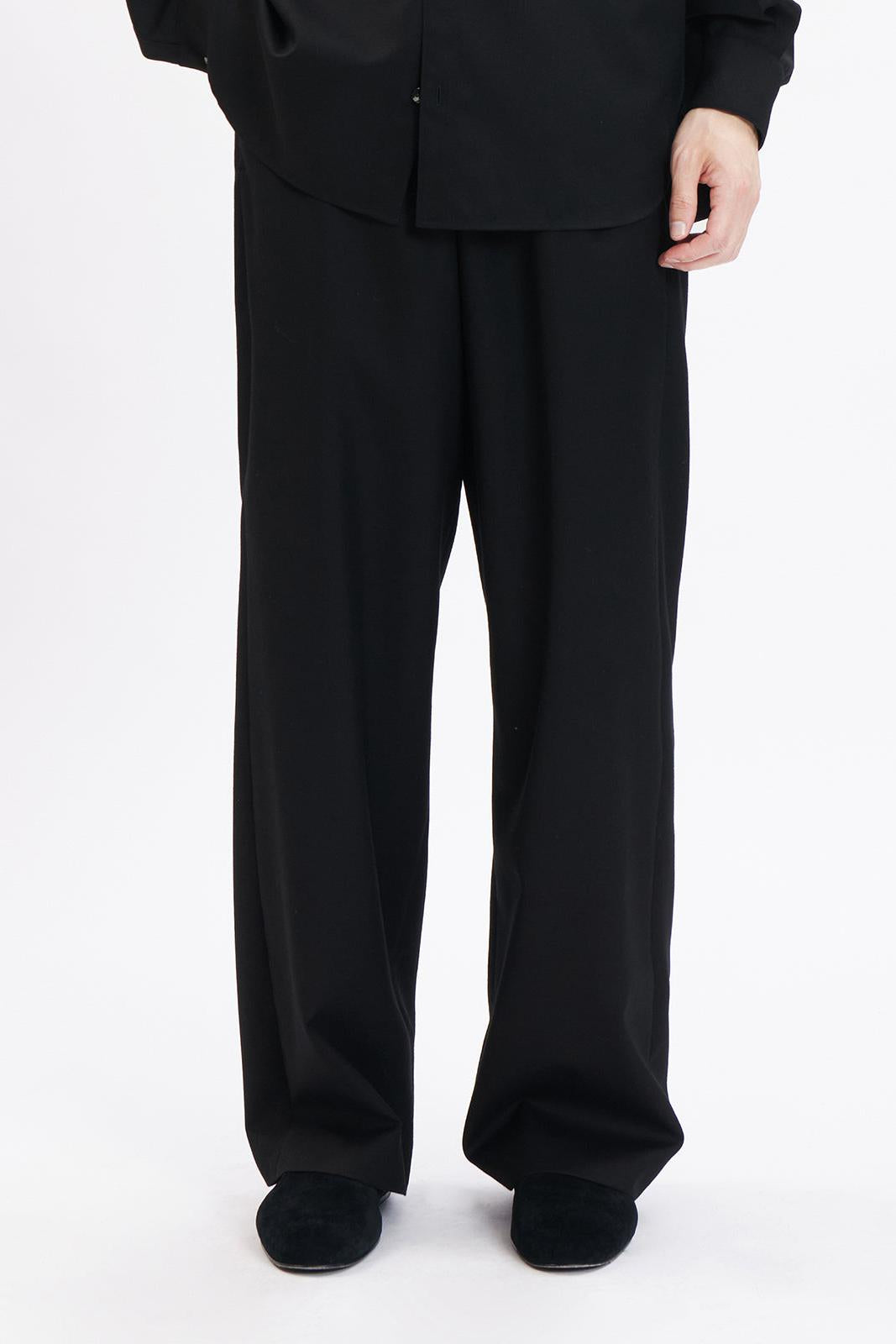Black Thin Wool Elastic Waist Wide-leg Pants