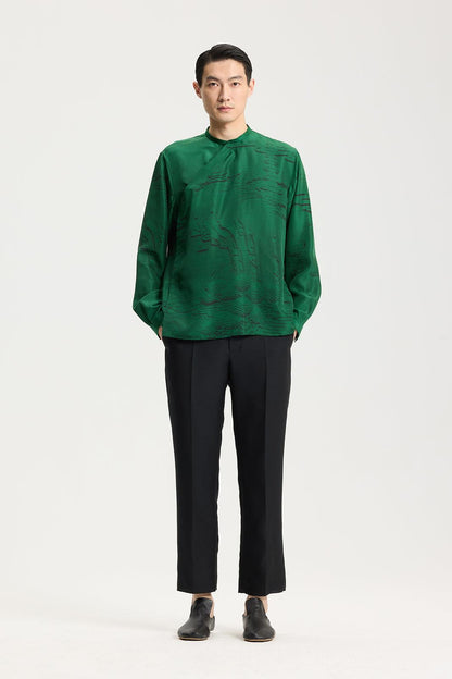 Jade green Chinese silk shirt with embossed print