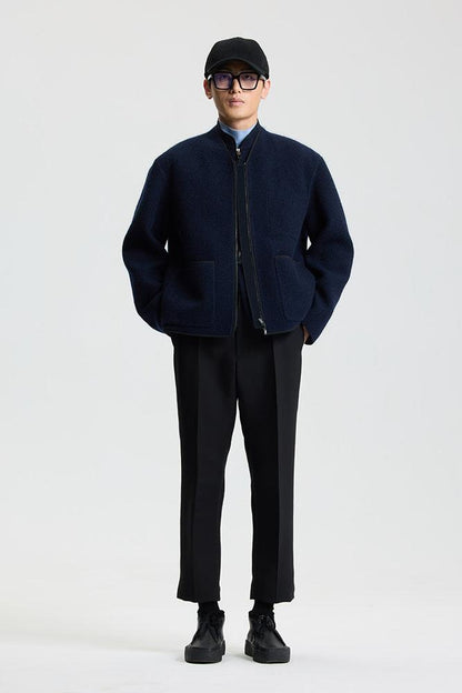 Black Double-Faced Knit Stand Collar Cardigan